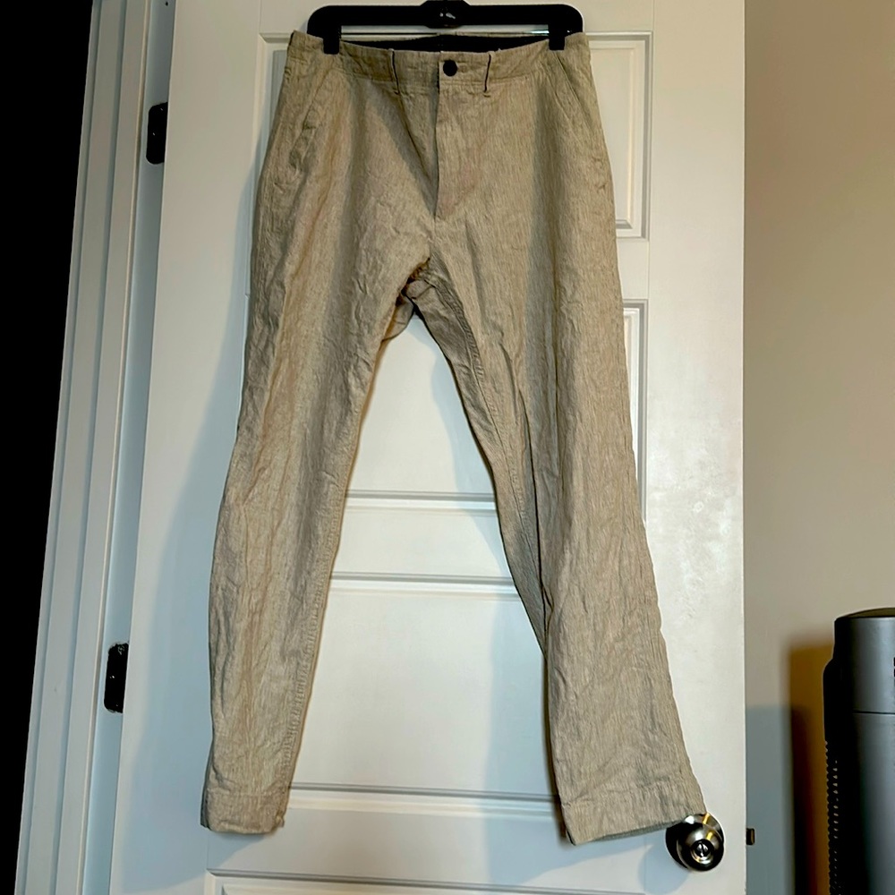 Tan & white pinstriped linen pants